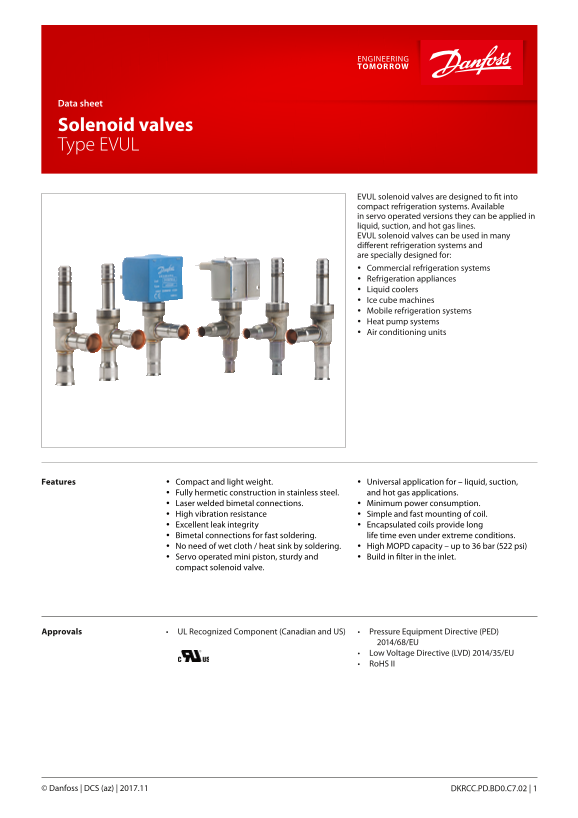 Danfoss Solenoid Valves Type EVUL Data Sheet - Page 1