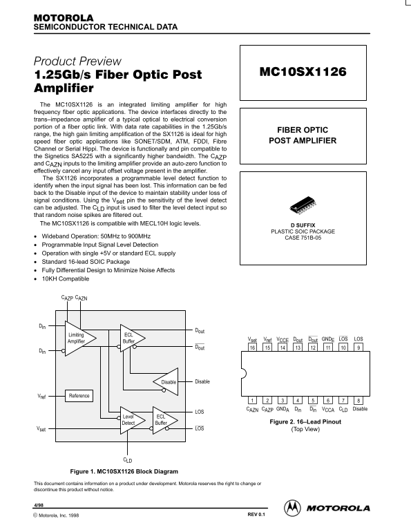 Motorola MC10SX1226 Data Sheet - Page 1
