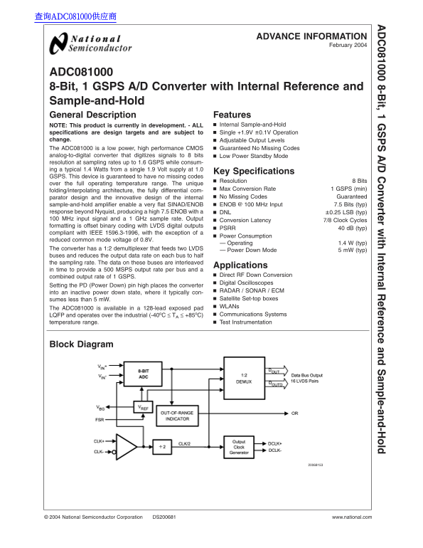 National Semiconductor ADC08100 Data Sheet - Page 1