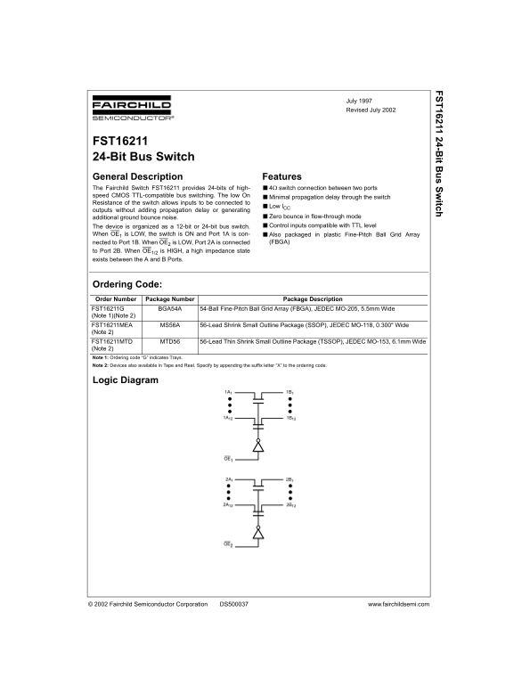 Fairchild FST16211 24-Bit Bus Switch Data Sheet - Page 1