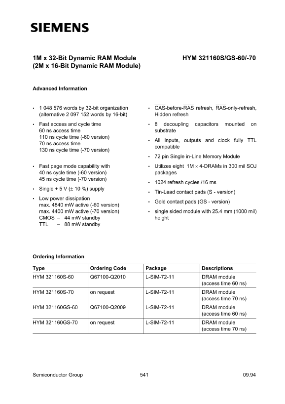 SIEMENS HYM 1M x 32-Bit Dynamic RAM Module 321160S GS-60 -70 Owner's Manual - Page 1