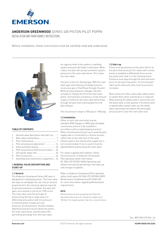 EMERSON Manuals Series 400 Piston Pilot POPRV, Anderson Greenwood-EN - Page 1