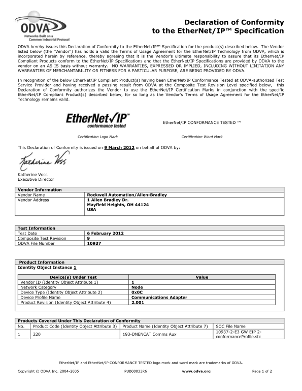 Rockwell Automation 193-DNENCAT Comms Aux - ODVA Certificate User Manual and Technical Guide - Page 1