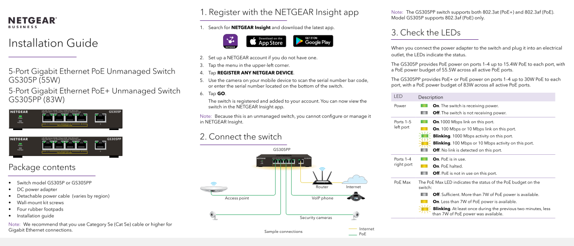 Netgear GS305P - 5 Port Gigabit Ethernet Unmanaged Switch With 4-Port PoE Installation Guide - Page 1