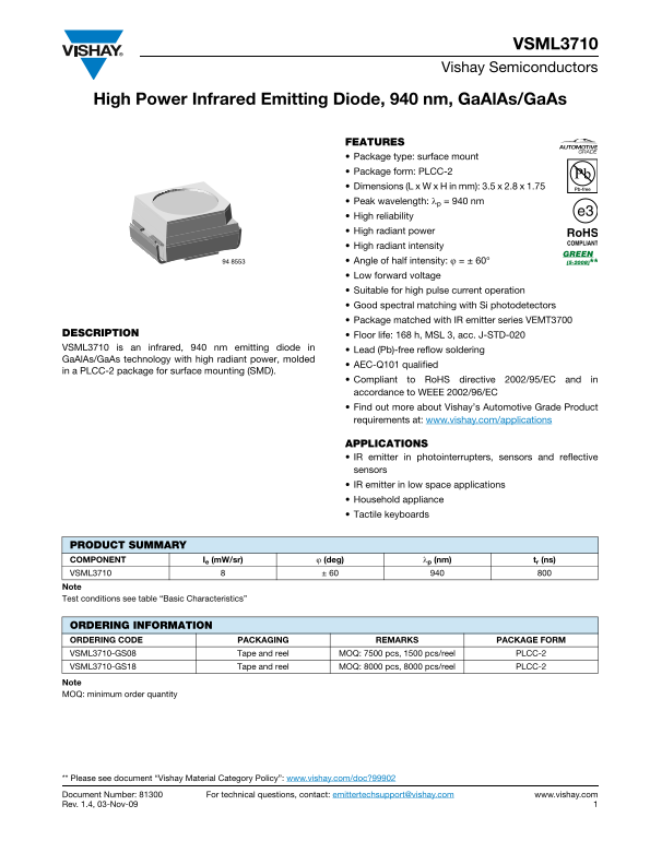 Vishay VSML3710 Specifications and User Guide - Page 1