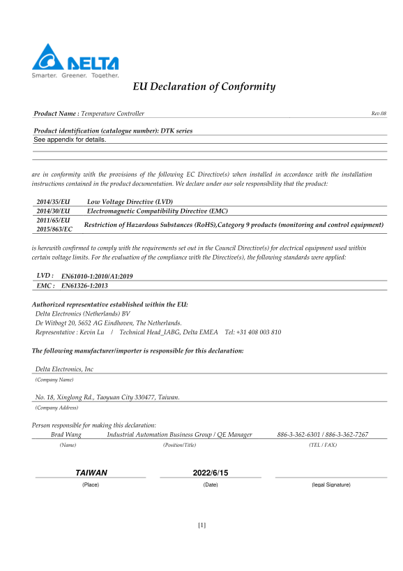 Delta DTK Series Industrial Automation Temperature Controller CE Certificate Safety Certificate - Page 1
