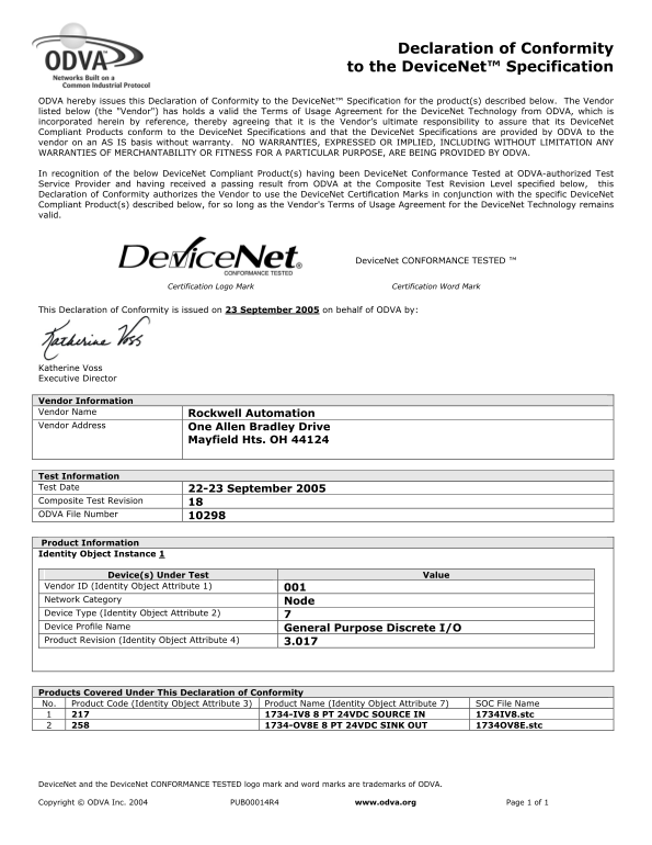 Rockwell Automation 1734-IV8 8 PT 24VDC SOURCE IN or 1734-OV8E 8 PT 24VDC SINK OUT - ODVA Certificate Owner's Manual User Manual - Page 1