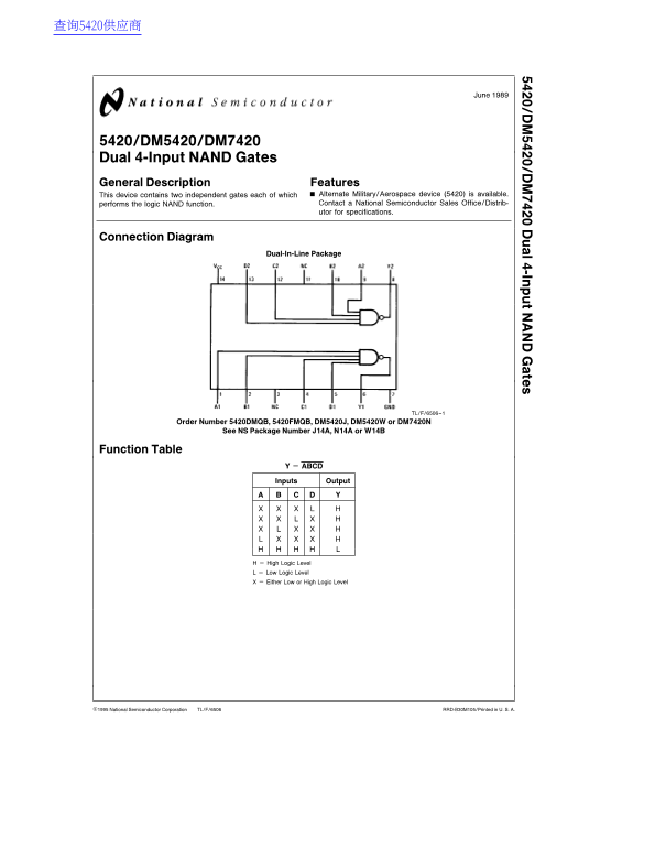 National Semiconductor DM5420 DM7420 Data Handbook Specifications - Page 1