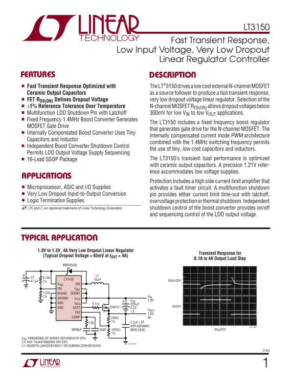 LINEAR TECHNOLOGY LT3150 Data Sheet - Page 1