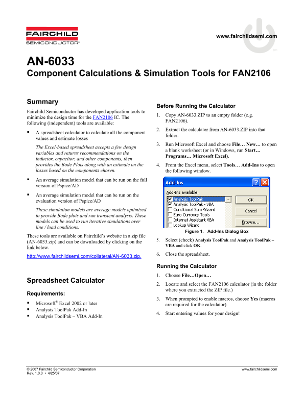 Fairchild AN-6033 Component Calculations & Simulation Tools for FAN2106 Data Manual - Page 1