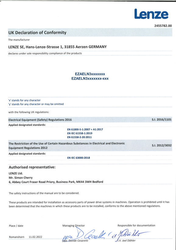 Lenze Accessories-System Extensions Line-Side Chokes Mains Choke EZAELN Certifications and Declarations UKCA DoC Mains Choke EZAELN3 - Page 1