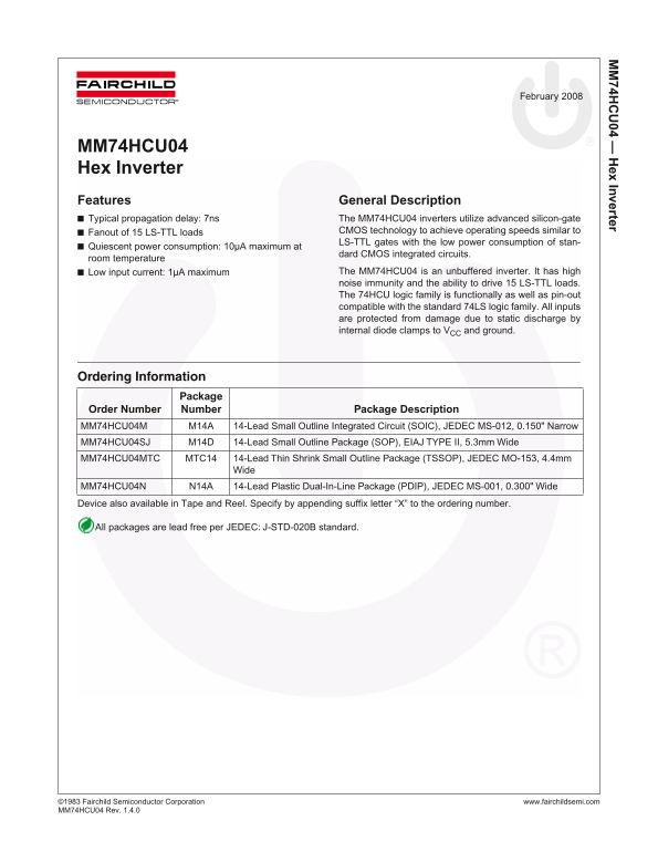 Fairchild MM74HCU04 Hex Inverter Data Handbook - Page 1