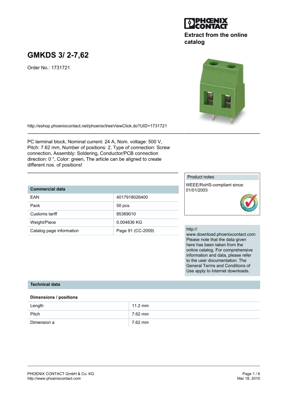 Phoenix Contact - GMKDS 3 2-7,62 Data Handbook - Page 1