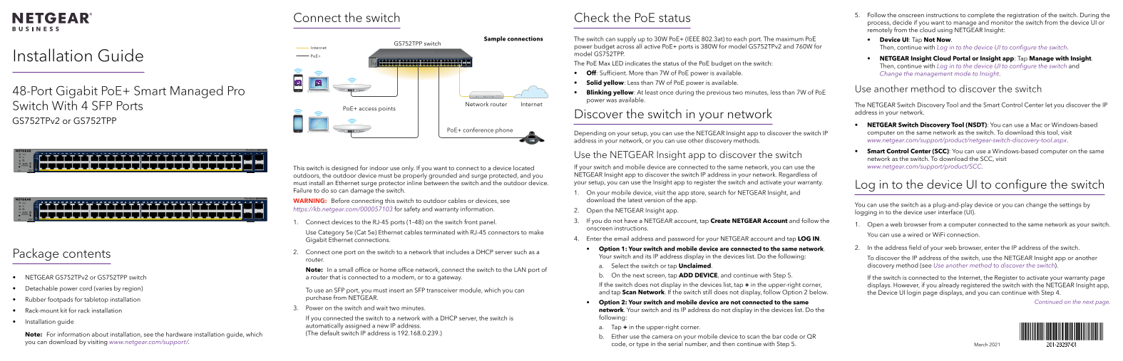 Netgear GS752TPP - 48-Port Gigabit Ethernet PoE+ Smart Switch With 4 SFP Ports and Cloud Management Installation Guide - Page 1