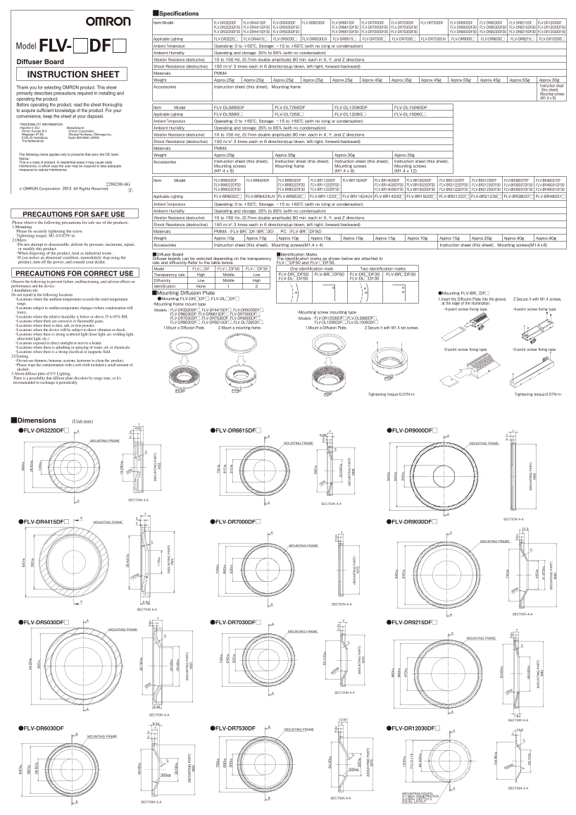OMRON FZ5 Series FLV-[]DF[]Diffuser Board Instruction Sheet - Page 1