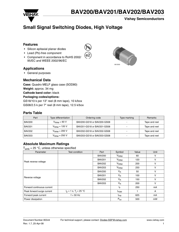 Vishay Semiconductors Bav200, Bav201, Bav202, Bav203 - High Voltage Small Signal Switching Diode Specifications and User Manual - Page 1