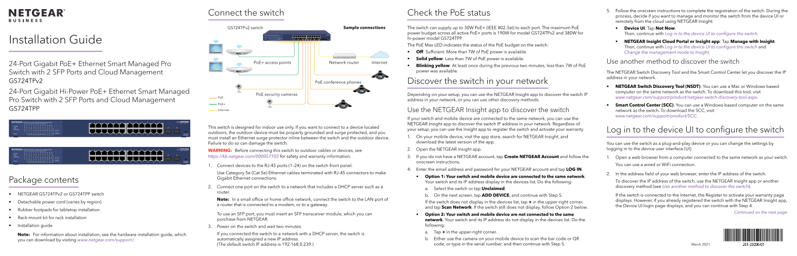Netgear GS724TPP - 24-Port Gigabit Ethernet Hi-Power PoE+ Smart Switch With 2 SFP Ports and Cloud Management Installation Guide - Page 1