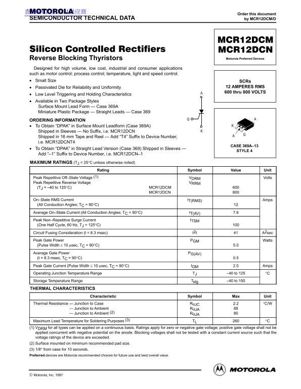 MOTOROLA MCR12DCM MCR12DCN Data Handbook - Page 1