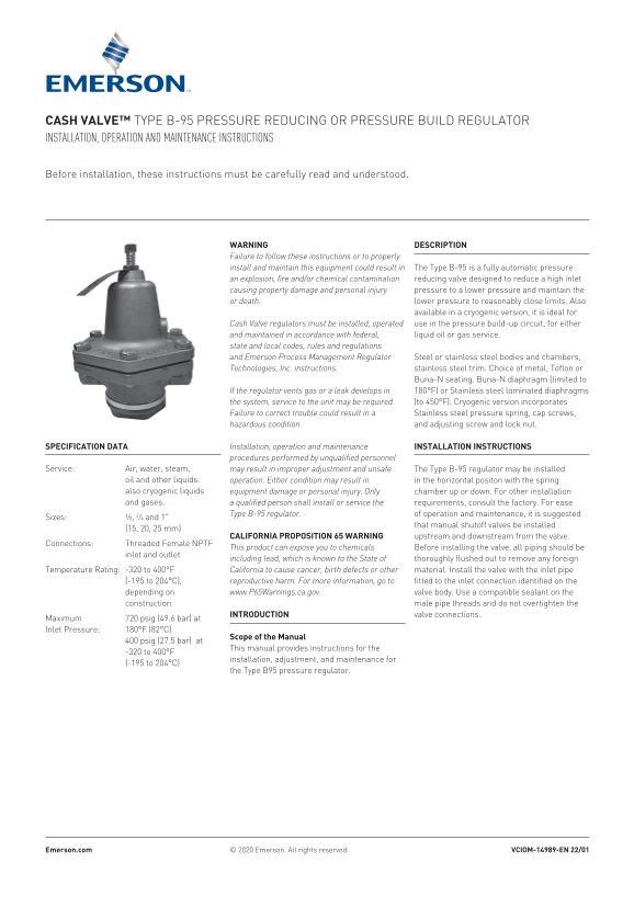 EMERSON Manual Cash Valve Type B-95 Pressure Reducing or Pressure Build Regulator, Cash Valve-EN Manual - Page 1
