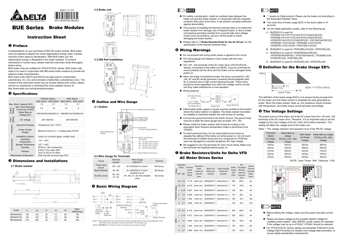 Delta Industrial Automation Inverter BUE Series Brake Module Optional Accessory - Page 1