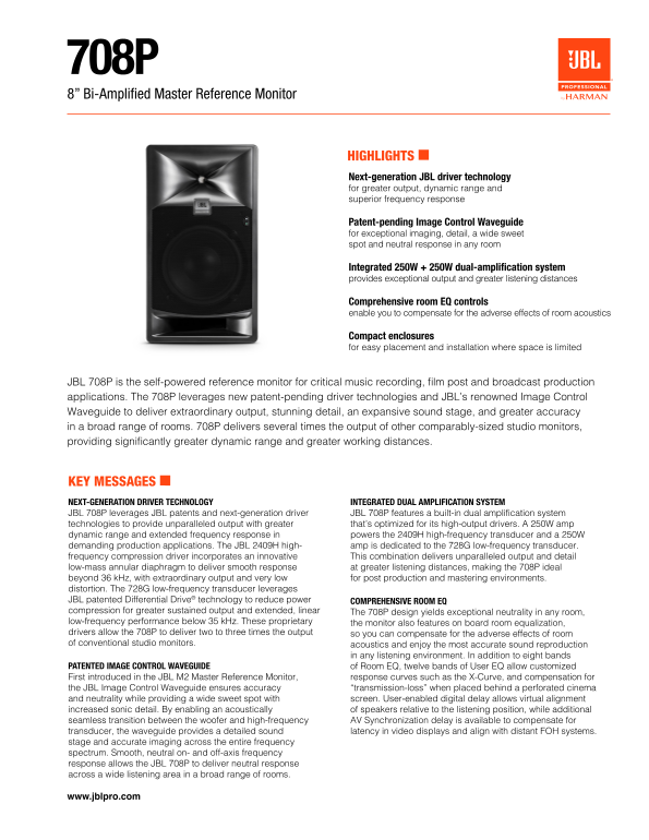 JBL 708P 8 Dual Amplifier Reference Speaker Configuration Guide - Page 1
