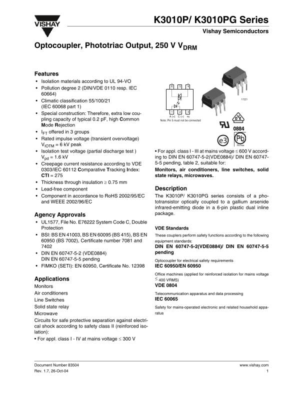 VISHAY K3010P K3010PG Series Optocoupler, Phototriac Output, 250 V VDRM User Manual - Page 1