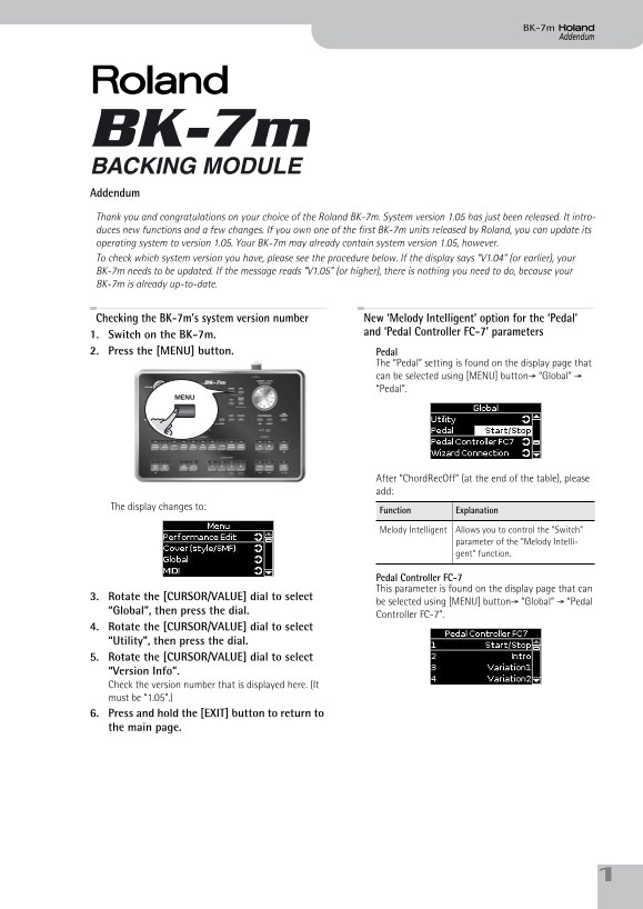 Roland BK-7m Instrumental Accompaniment Addendum User's Manual - Page 1