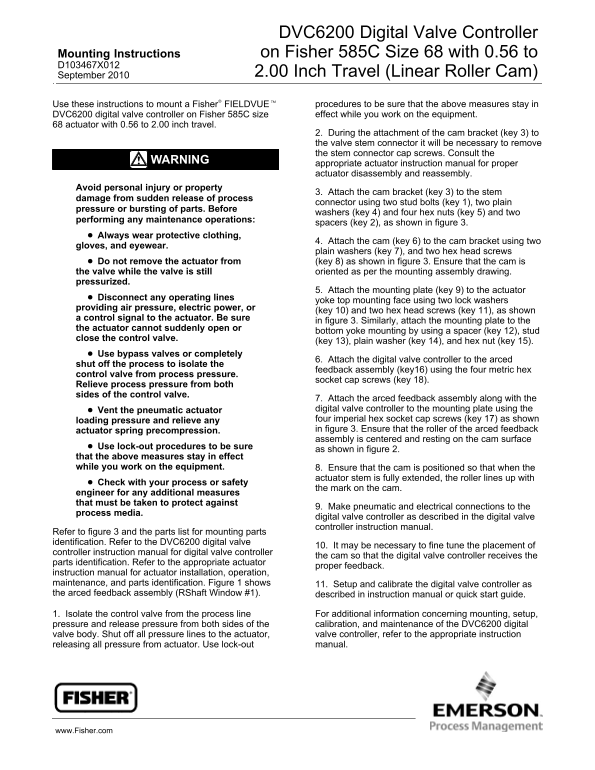EMERSON Mounting Instructions DVC6200 Digital Valve Controller on Fisher 585C Size 68 with 0.56 to 2.00 Inch Travel (Linear Roller Cam) - Page 1