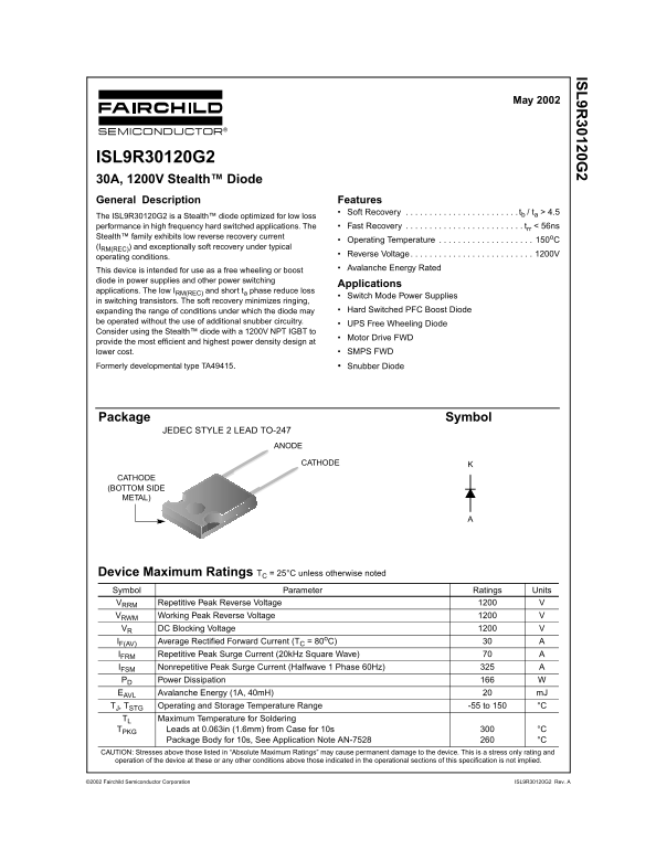 Fairchild ISL9R30120G2 30A Stealth(TM) Diode Data Manual - Page 1