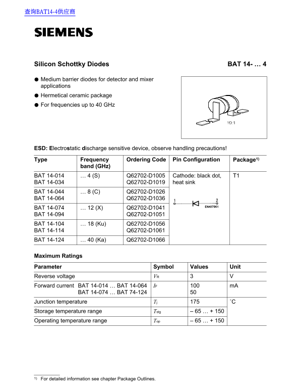 Siemens Silicon Schottky Diodes BAT 14 - Data Handbook 4 - Page 1