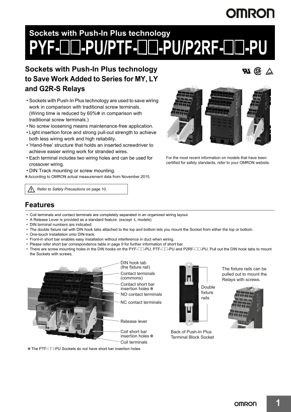 OMRON Miniature Power Relay MY PYF-[][]-PU PTF-[][]-PU P2RF-[][]-PU Data Sheet - Page 1