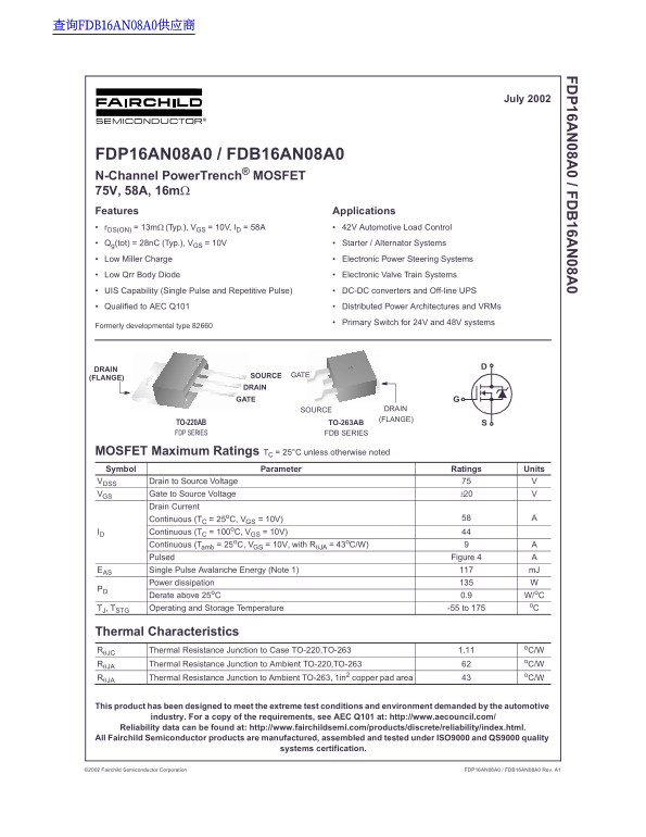 Fairchild FDP16AN08A0 FDB16AN08A0 Data Manual (1) - Page 1