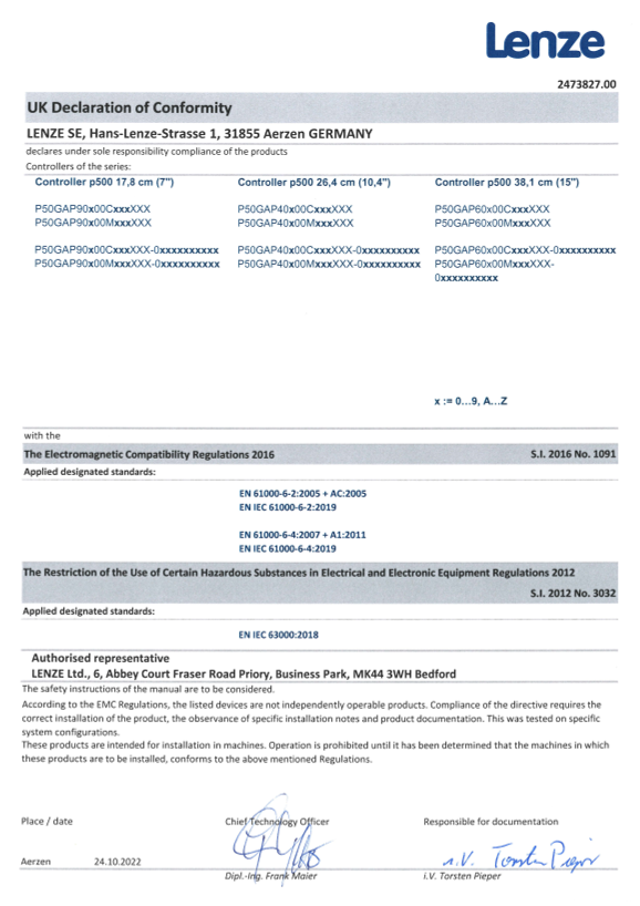 Lenze Controls-Controllers Controller p500 Certification and Declaration UKCA DoC Controller p500 (Language EN) - Page 1