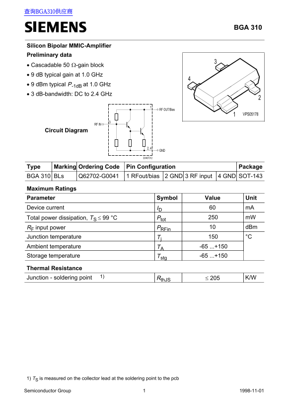 Siemens BGA 310 Data Sheet - Page 1