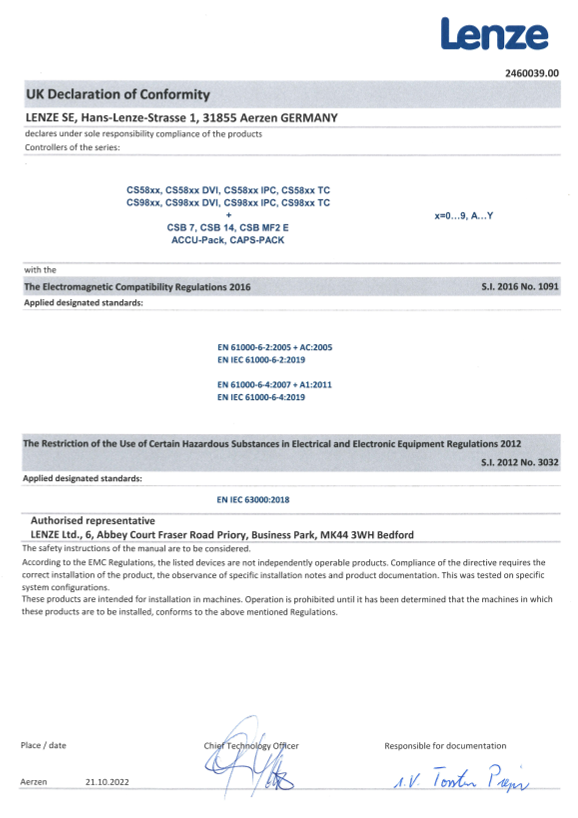Lenze Controls-Industrial PCs Industrial PC CS 5800 Certification and Declaration UKCA DoC Industrial-PC CS58xx CS98xx (Language EN) - Page 1