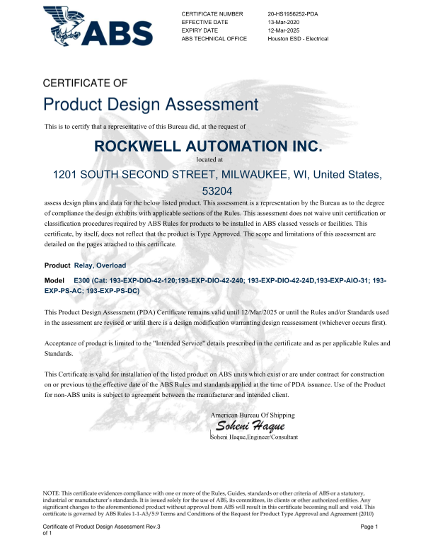 Rockwell Automation 193-EXP Series E300 Electronic Overload Relay (MKE) - ABS Certificate Owner's Manual User Guide - Page 1