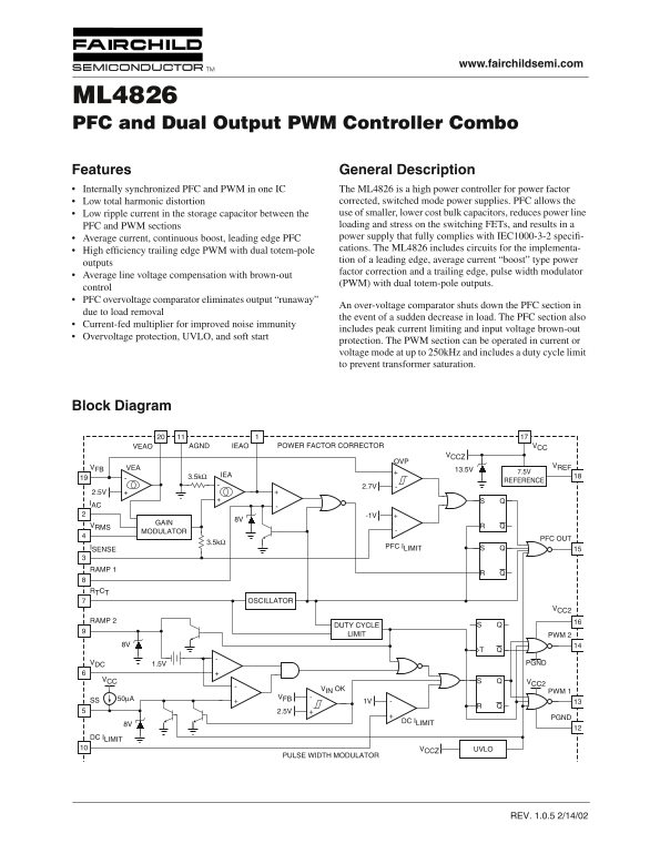 Fairchild Semiconductor ML4826 PFC and Dual Output PWM Controller Combo User Manual - Page 1