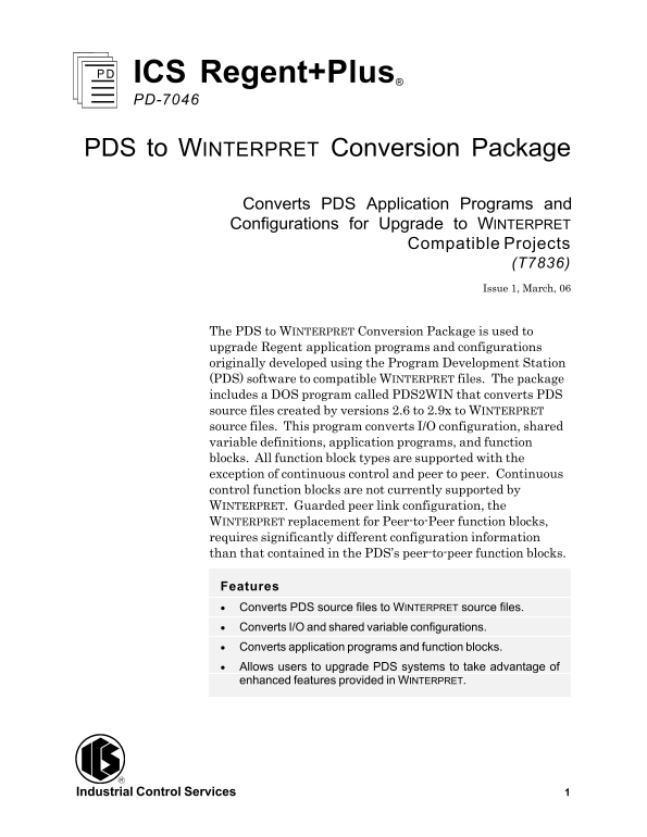 Rockwell Automation ICS Regent+Plus PDS to WiNet Conversion Package User Manual and Technical Guide - Page 1