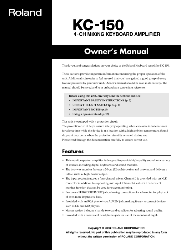 Roland KC-150 Four-Channel Stereo Keyboard with Powered Speakers Owner's Manual - Page 1