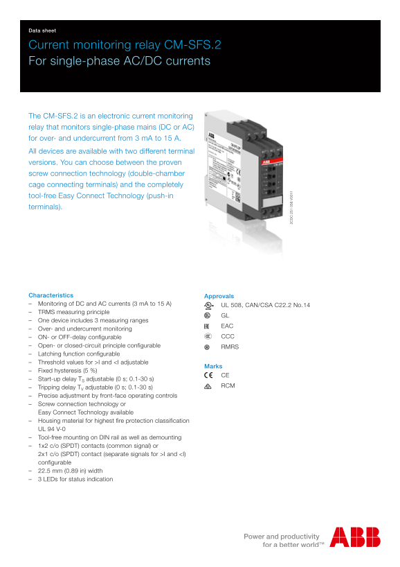 ABB Data Sheet - CM-SFS.2P; CM-SFS.2S Current Window Monitoring Relay, Single-Phase AC DC - Page 1