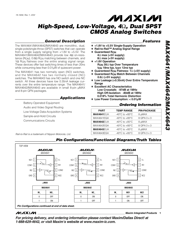 MAXIM MAX4641 MAX4642 MAX4643 High-Speed Dual SPST CMOS Analog Switches Datasheet - Page 1