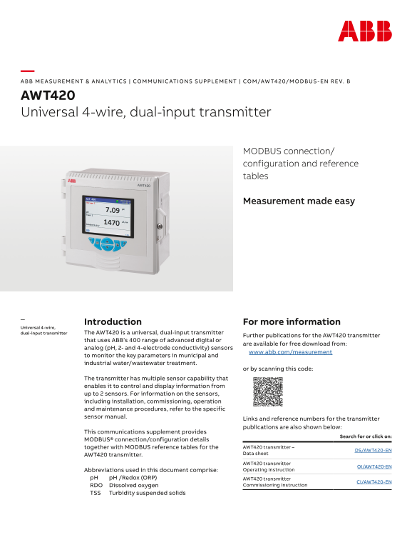 ABB Communications Supplement - AWT420 Universal 4-Wire, Dual-Input Transmitter MODBUS Connection Configuration and Reference Tables - Page 1