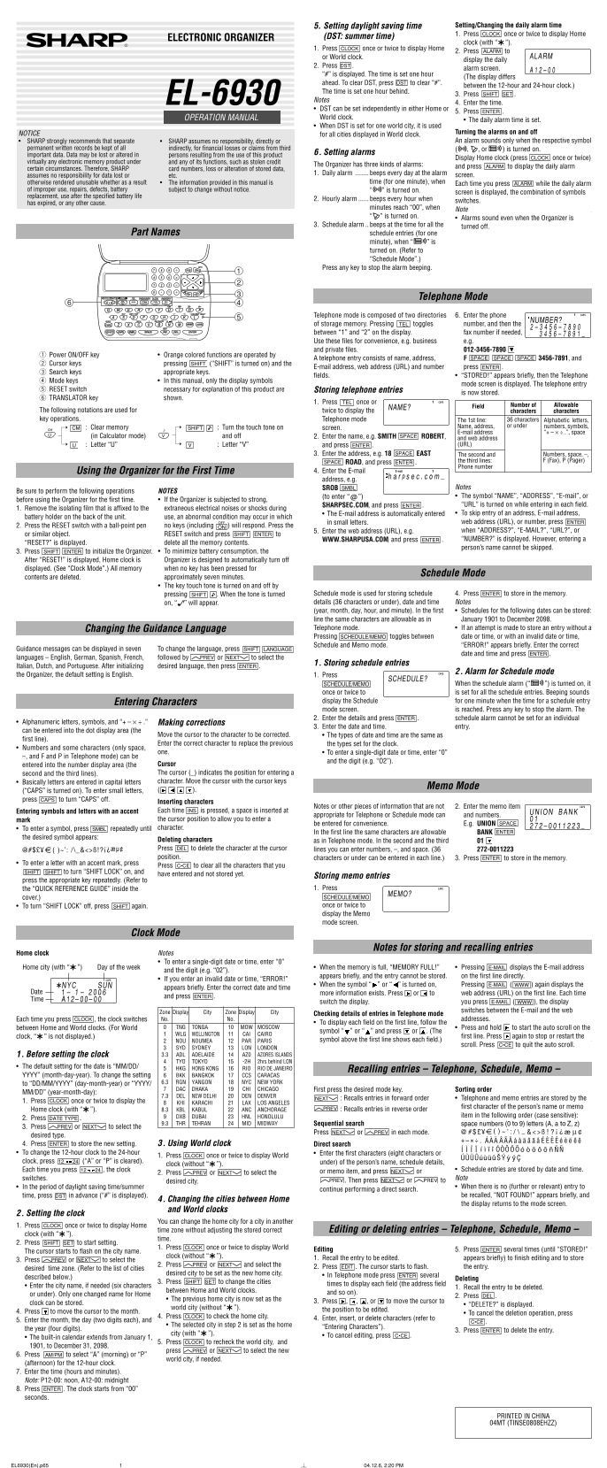 SHARP EL6930 Operation Manual - Page 1