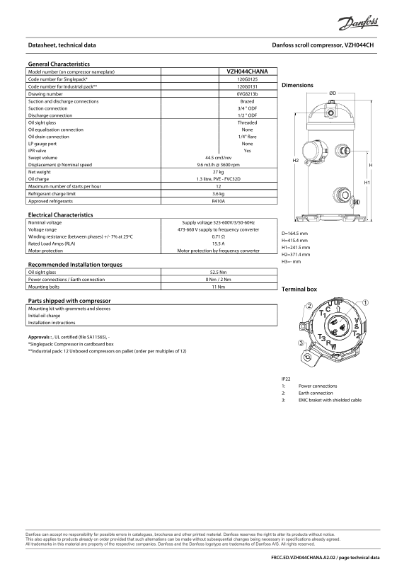 Danfoss Datasheets VZH044CH - Page 1