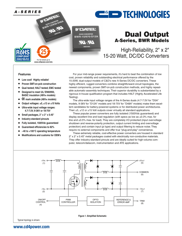 Technologies Dual Output A-Series, BWR Models - High-Reliability, 2x2, 15-20 Watt, DC-DC Converters Owner's Manual Specification User Guide - Page 1
