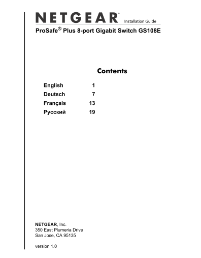 Netgear GS108Ev1 - 8-Port Gigabit Ethernet Plus Switch ProSafe GS108E Installation Guide [English, Deutsch, Français, Русский] - Page 1
