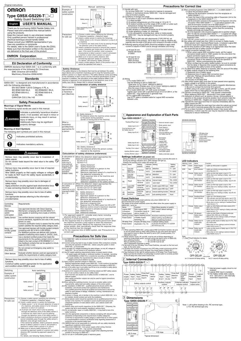 OMRON Safety Guard Switching Unit G9SX-GS G9SX-GS226-T[]-[] Instruction Sheet - Page 1