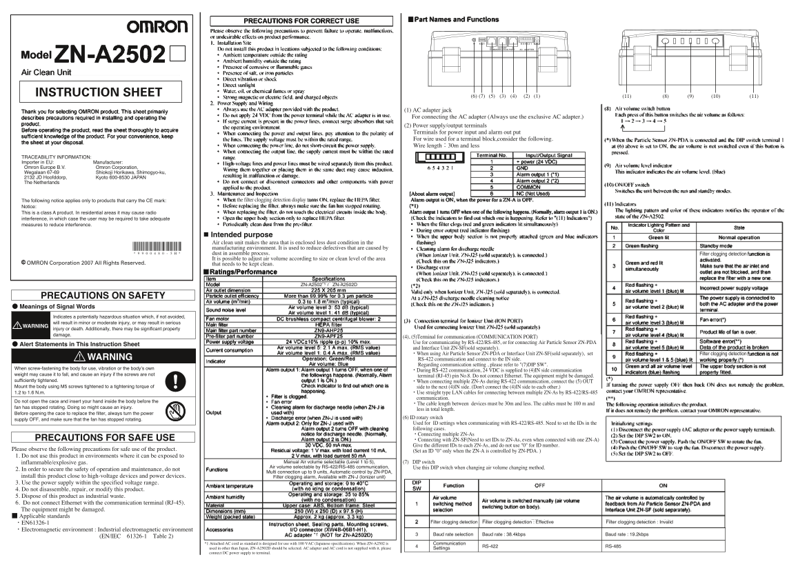OMRON ZN-A ZN-A2502 Air Clean Unit Instruction Sheet - Page 1
