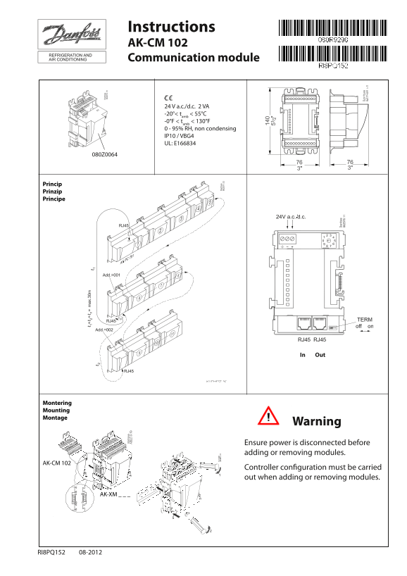 Danfoss Instructions AK-CM 102 Communications Module Installation Guide - Page 1