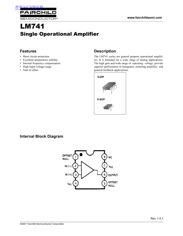 Fairchild LM741 Single Operational Amplifier Data Handbook - Page 1